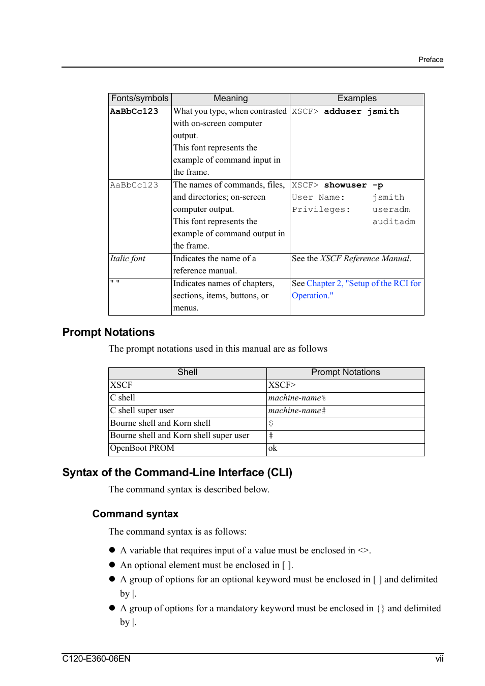 Prompt notations, Syntax of the command-line interface (cli) | FUJITSU SPARC M3000 User Manual | Page 13 / 56