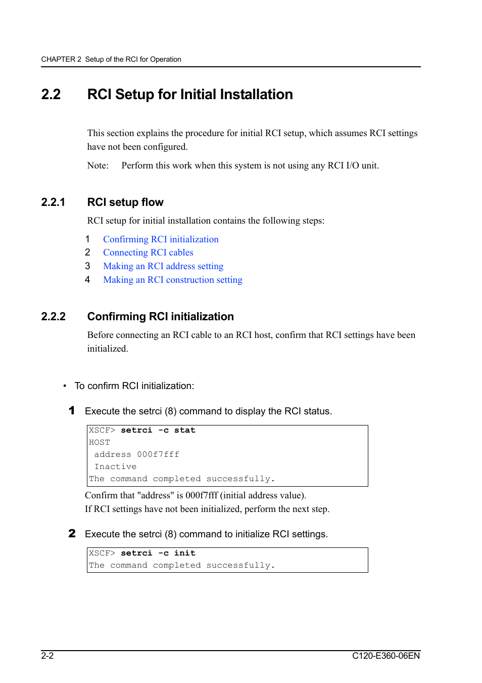 2 rci setup for initial installation, 1 rci setup flow, 2 confirming rci initialization | To confirm rci initialization, Rci setup for initial installation -2, Rci setup flow -2, Rci setup for initial installation | FUJITSU SPARC M3000 User Manual | Page 28 / 56
