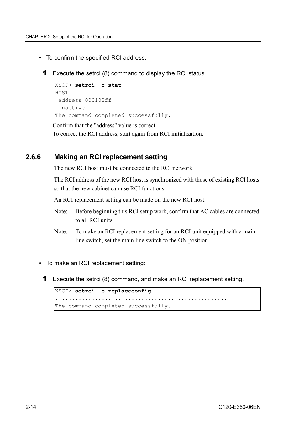 To confirm the specified rci address, 6 making an rci replacement setting, To make an rci replacement setting | To confirm the specified rci address: -14, Making an rci replacement setting | FUJITSU SPARC M3000 User Manual | Page 40 / 56