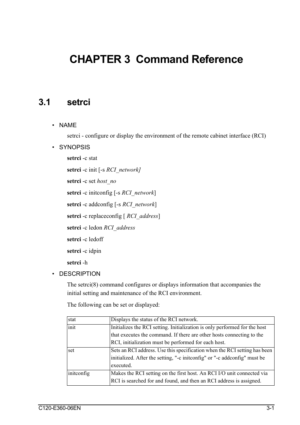 Chapter 3 command reference, 1 setrci, Name | Synopsis, Description, Chapter 3 command reference -1, Setrci -1, Name -1 synopsis -1 description -1, Chapter 3, "command reference, For details on list contents, see | FUJITSU SPARC M3000 User Manual | Page 43 / 56