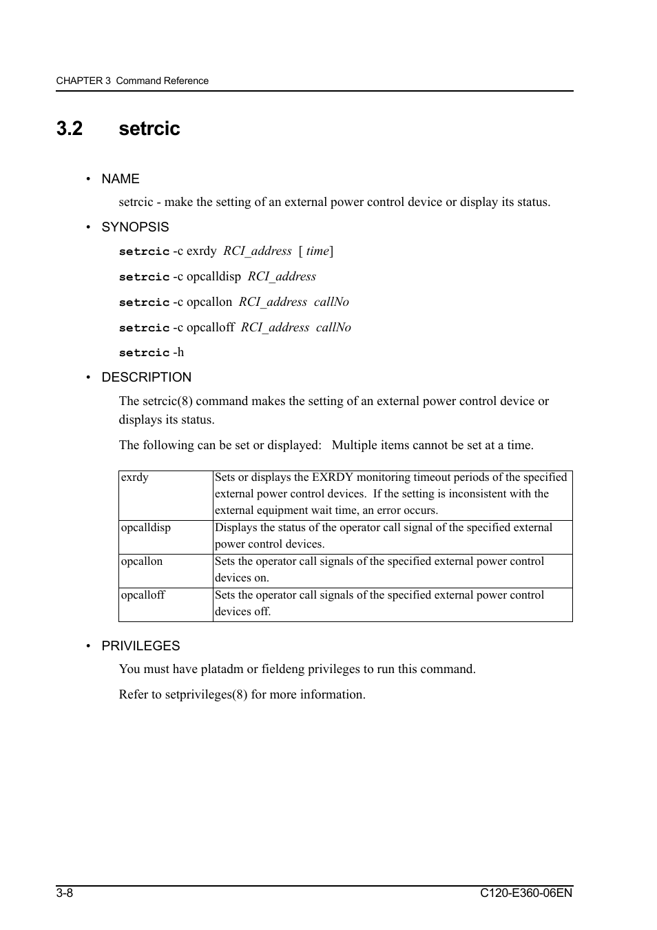 2 setrcic, Name, Synopsis | Description, Privileges, Setrcic -8, Name -8 synopsis -8 description -8 privileges -8 | FUJITSU SPARC M3000 User Manual | Page 50 / 56