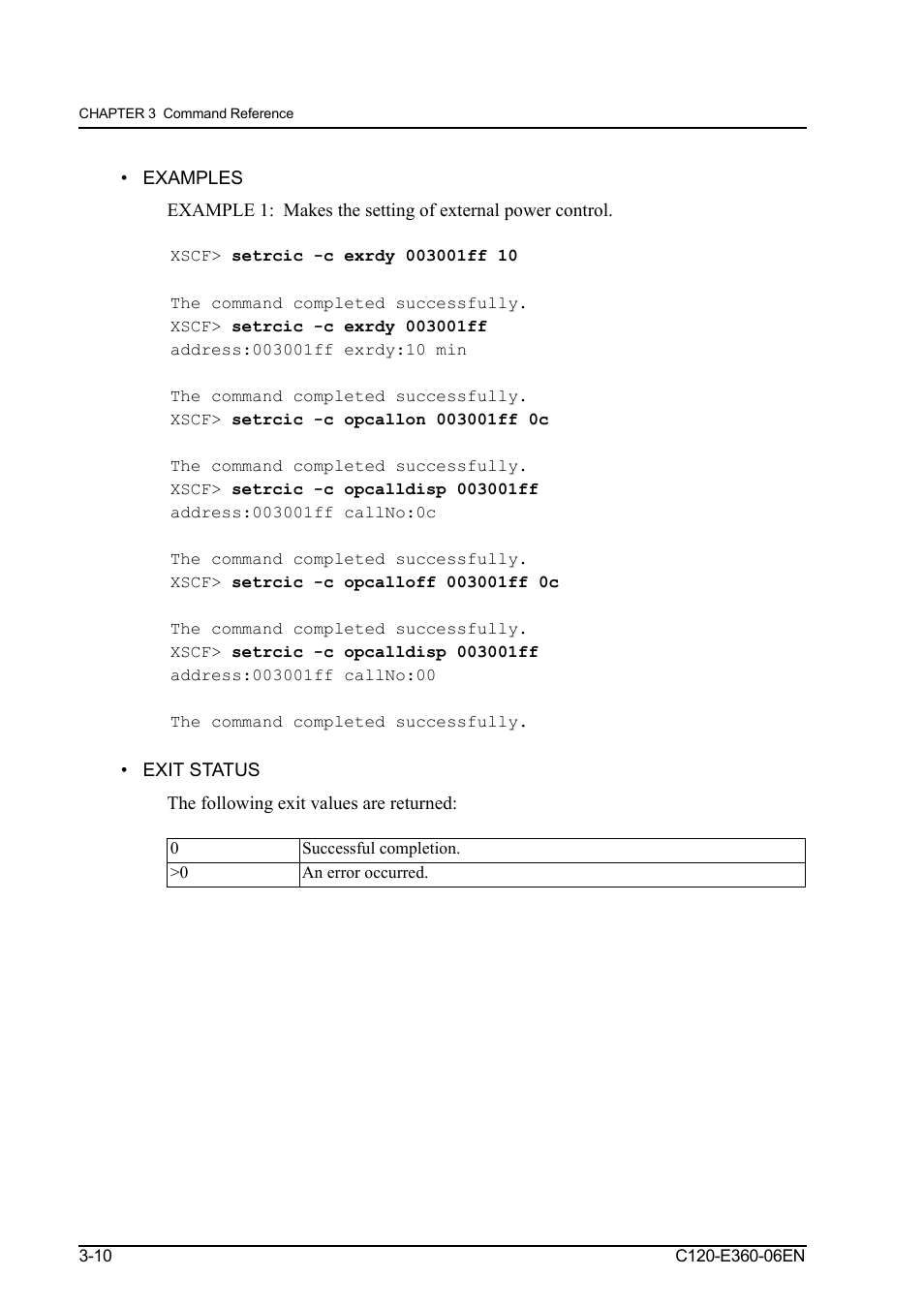 Examples, Exit status, Examples -10 exit status -10 | FUJITSU SPARC M3000 User Manual | Page 52 / 56