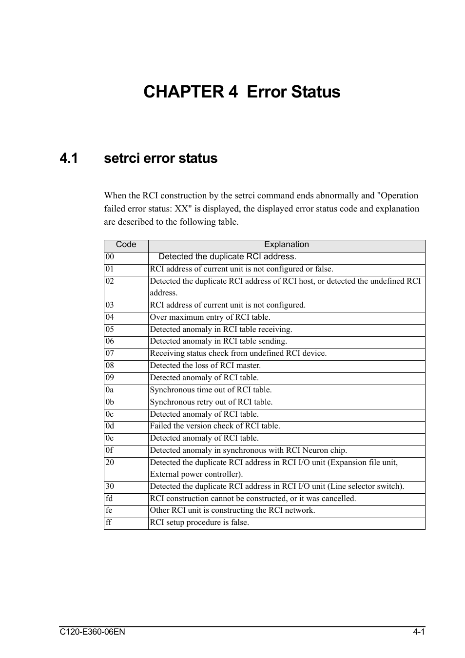 Chapter 4 error status, 1 setrci error status, Chapter 4 error status -1 | Setrci error status -1 | FUJITSU SPARC M3000 User Manual | Page 53 / 56