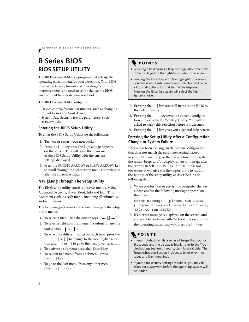 Bios setup utility, Entering the bios setup utility, Navigating through the setup utility | B series bios | FUJITSU B2620 User Manual | Page 2 / 34