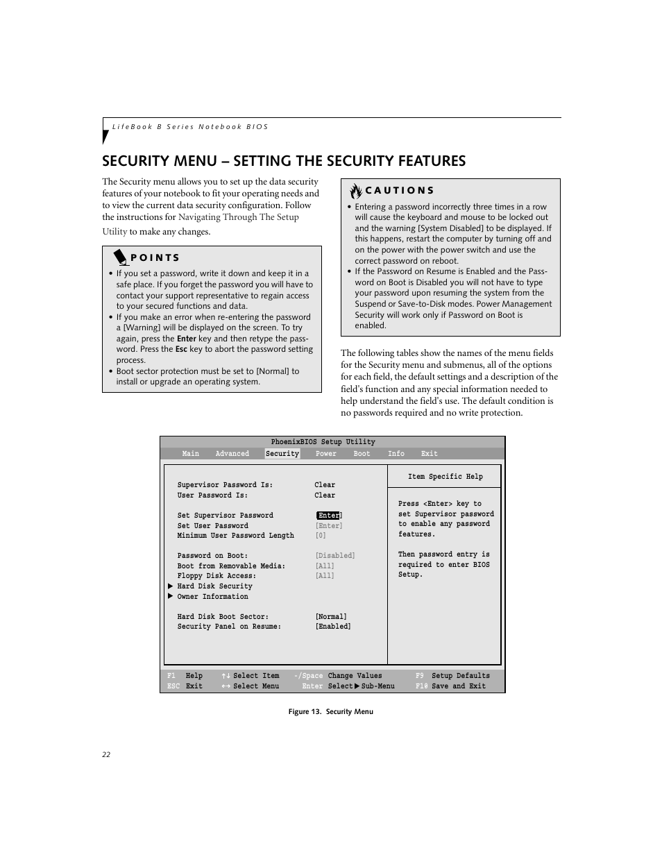 Setting the security features, Security menu – setting the security features | FUJITSU B2620 User Manual | Page 22 / 34