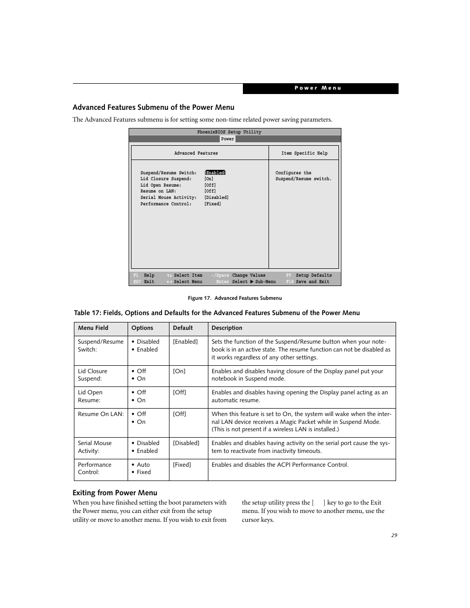 Advanced features submenu of the power menu, Exiting from power menu | FUJITSU B2620 User Manual | Page 29 / 34