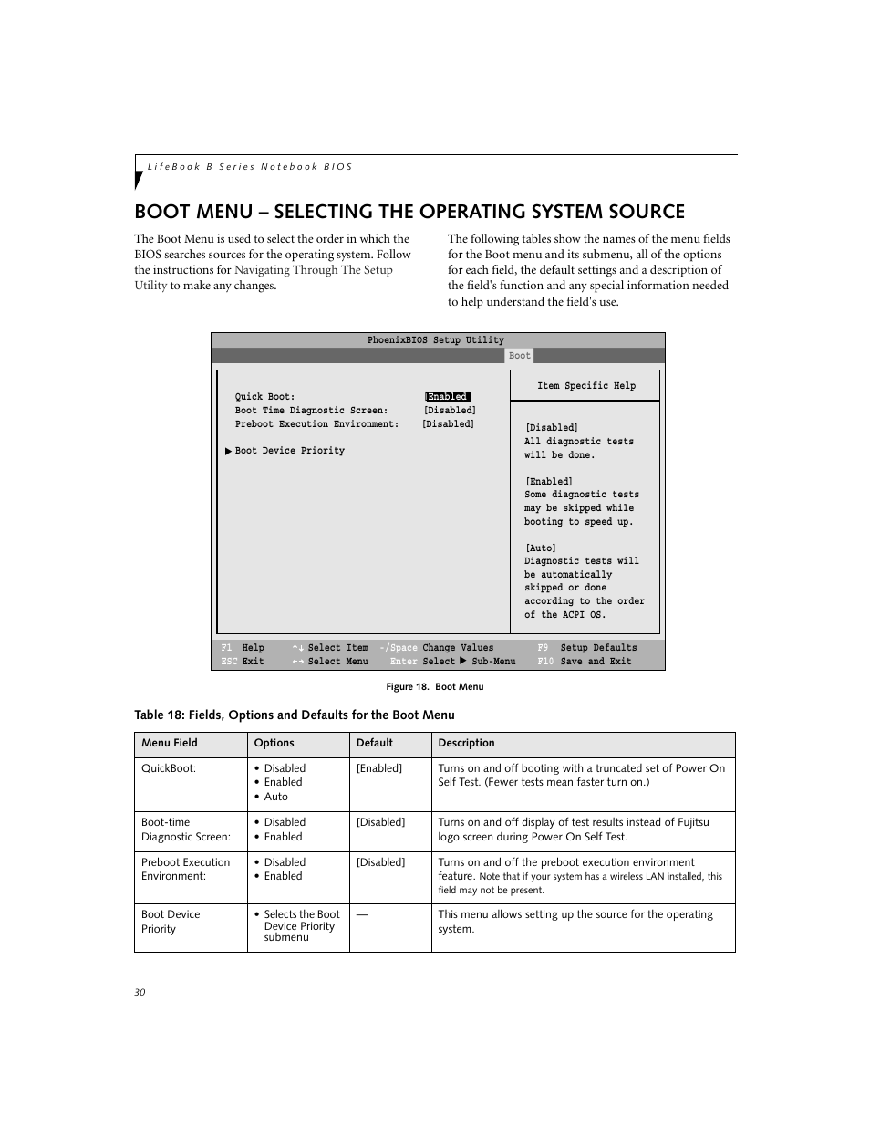 Selecting the operating system source, Boot menu – selecting the operating system source | FUJITSU B2620 User Manual | Page 30 / 34