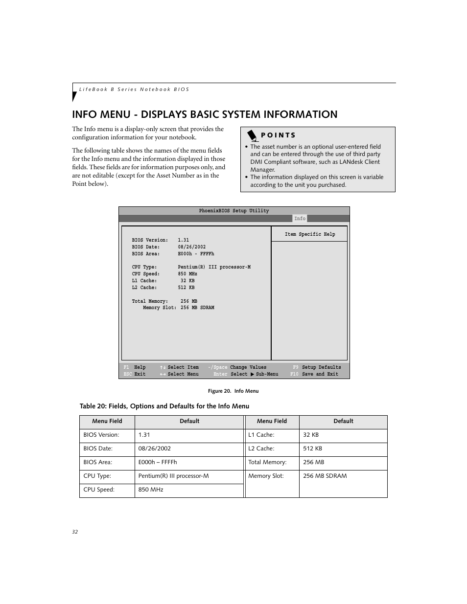 Displaying basic system information, Info menu - displays basic system information | FUJITSU B2620 User Manual | Page 32 / 34