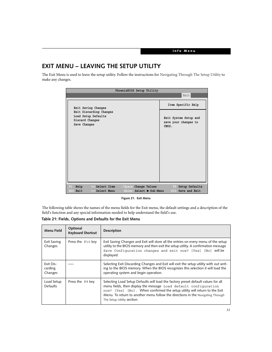 Leaving the setup utility, Exit menu – leaving the setup utility | FUJITSU B2620 User Manual | Page 33 / 34