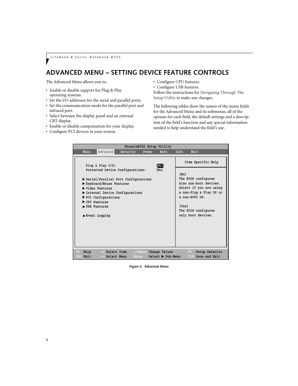 Setting device feature controls, Advanced menu – setting device feature controls | FUJITSU B2620 User Manual | Page 8 / 34