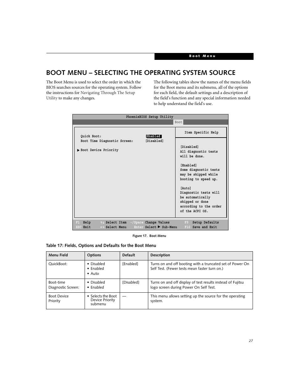 Selecting the operating system source, Boot menu – selecting the operating system source | FUJITSU B2630 User Manual | Page 27 / 31