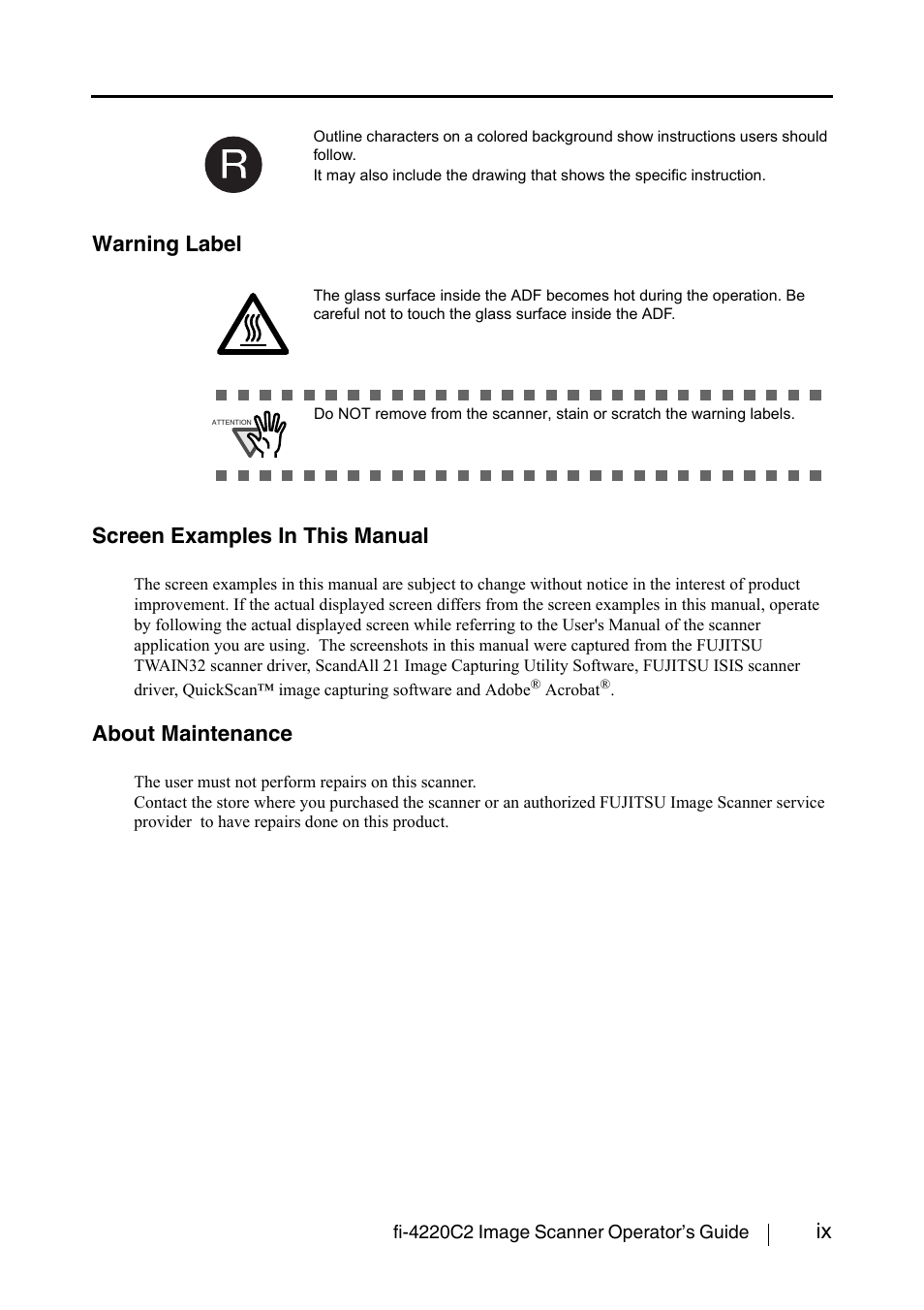 Ix warning label, Screen examples in this manual, About maintenance | FUJITSU fi-4220C2 User Manual | Page 11 / 141