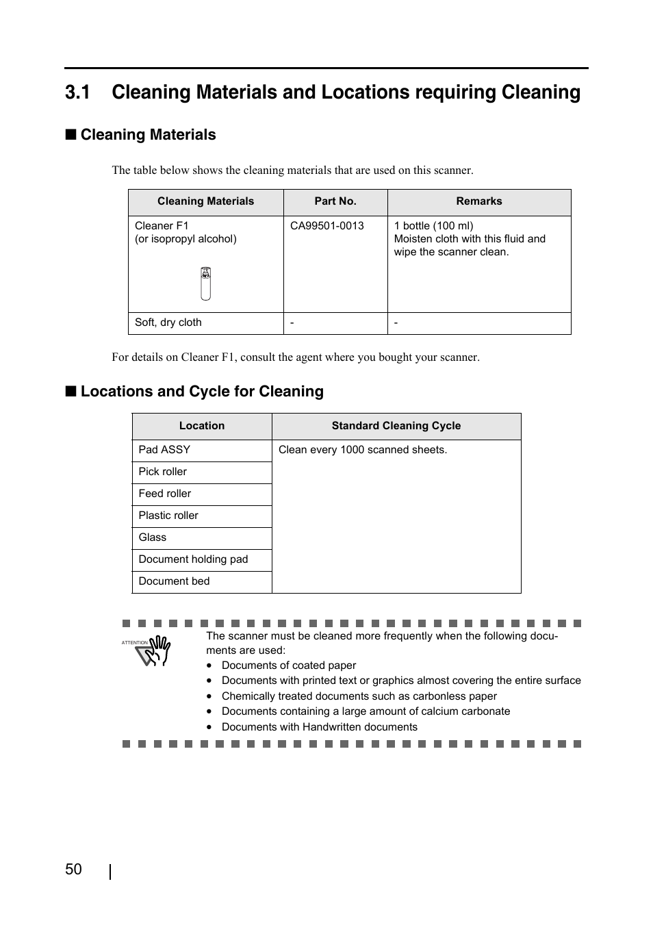 Cleaning materials, Locations and cycle for cleaning | FUJITSU fi-4220C2 User Manual | Page 66 / 141