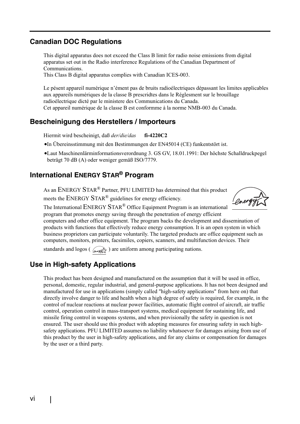 Vi canadian doc regulations, Bescheinigung des herstellers / importeurs, International e | Program, Use in high-safety applications | FUJITSU fi-4220C2 User Manual | Page 8 / 141