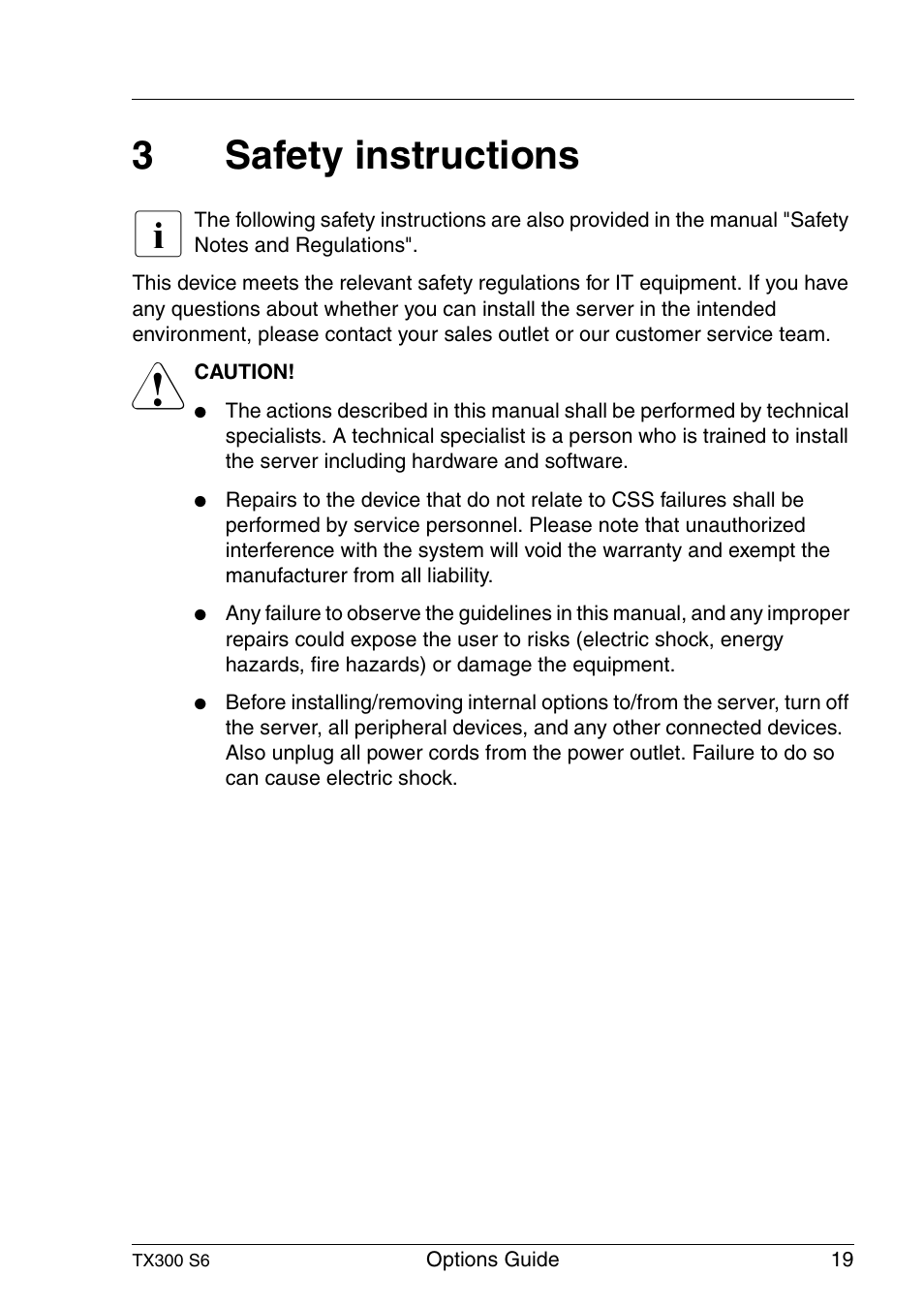 Safety instructions, Safety, 3safety instructions | FUJITSU TX300 User Manual | Page 19 / 122