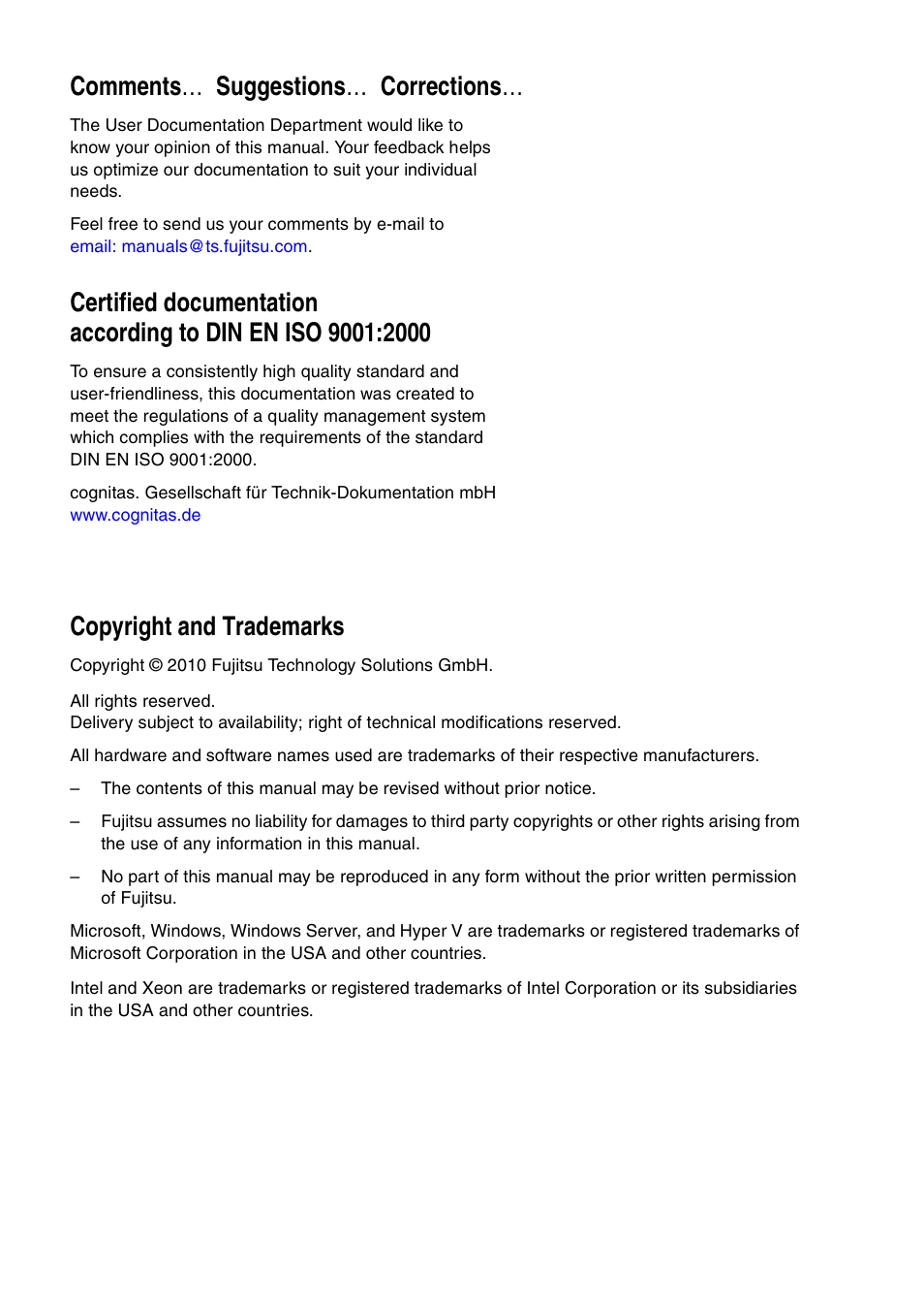 Comments … suggestions … corrections, Copyright and trademarks | FUJITSU TX300 User Manual | Page 2 / 122
