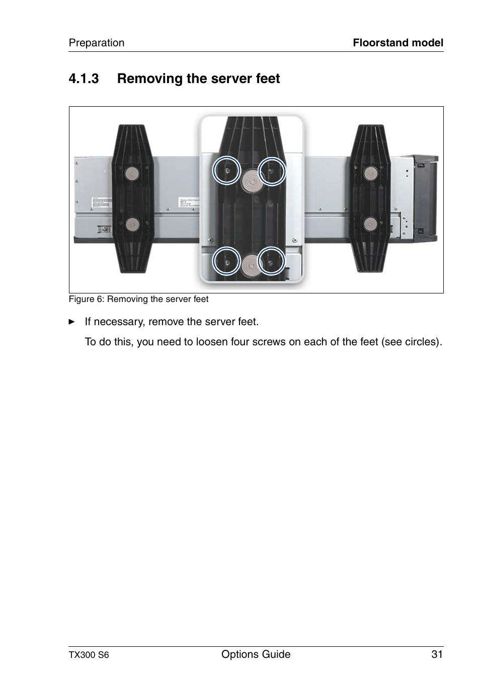 Removing the server feet, 3 removing the server feet | FUJITSU TX300 User Manual | Page 31 / 122