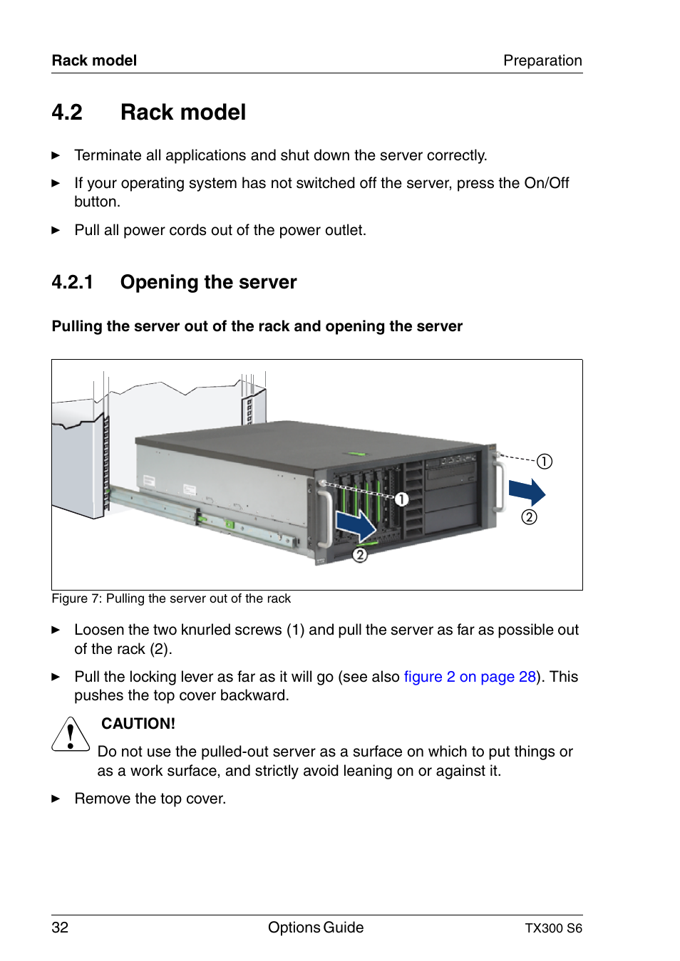 Rack model, Opening the server, 2 rack model | 1 opening the server | FUJITSU TX300 User Manual | Page 32 / 122