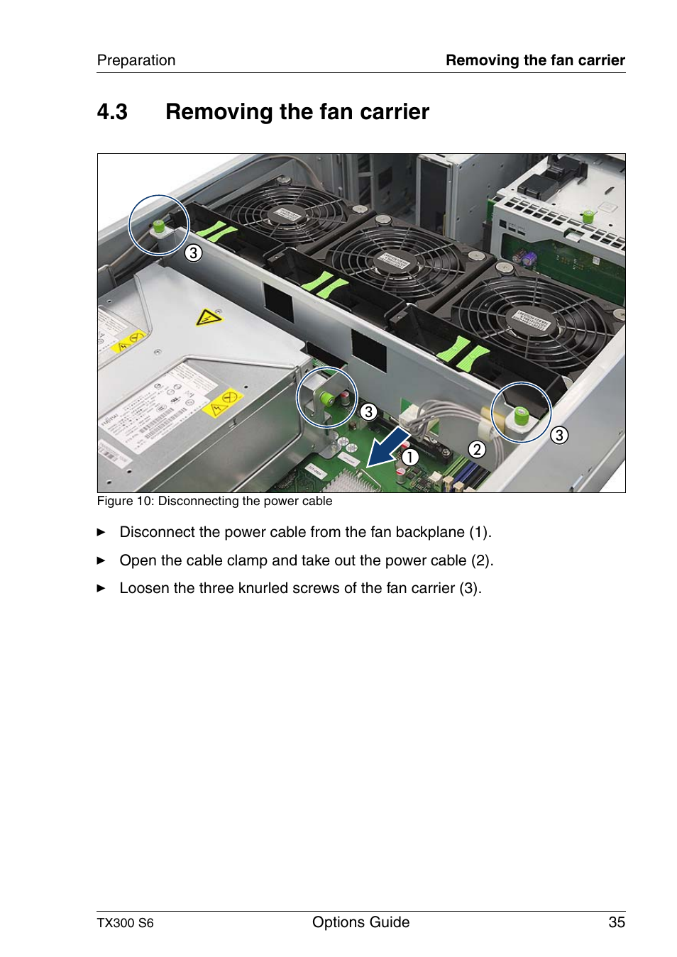 Removing the fan carrier, 3 removing the fan carrier | FUJITSU TX300 User Manual | Page 35 / 122