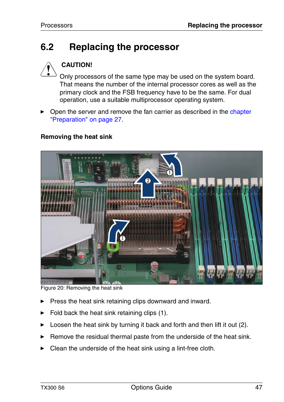 Replacing the processor, 2 replacing the processor | FUJITSU TX300 User Manual | Page 47 / 122