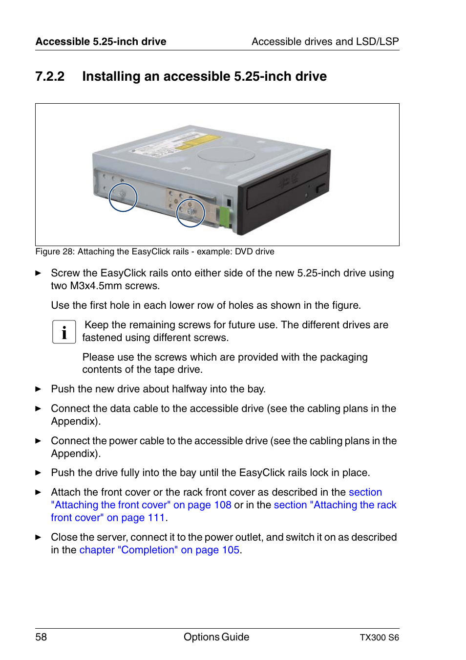 Installing an accessible 5.25-inch drive, 2 installing an accessible 5.25-inch drive | FUJITSU TX300 User Manual | Page 58 / 122