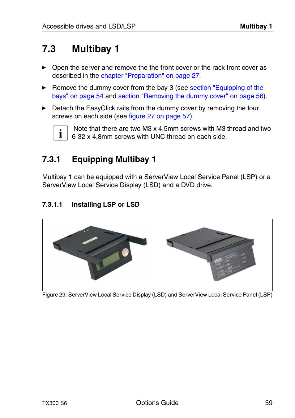 Multibay 1, Equipping multibay 1, Installing lsp or lsd | 3 multibay 1, 1 equipping multibay 1 | FUJITSU TX300 User Manual | Page 59 / 122