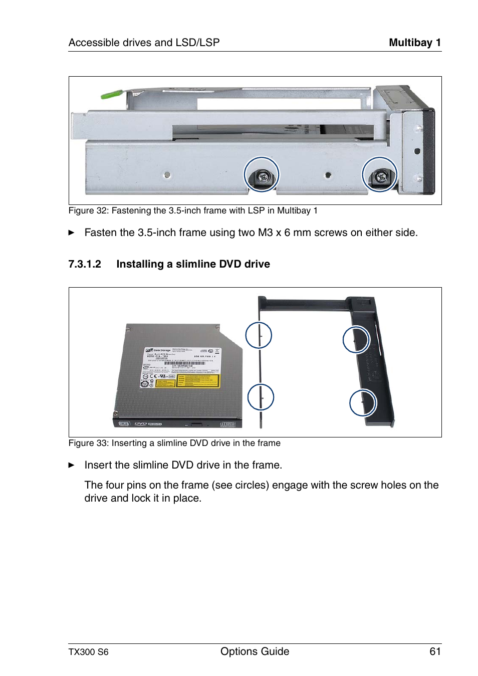 Installing a slimline dvd drive | FUJITSU TX300 User Manual | Page 61 / 122