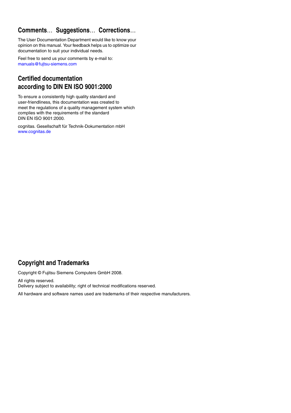 Comments … suggestions … corrections, Copyright and trademarks | FUJITSU PRIMERGY BX600 User Manual | Page 3 / 288