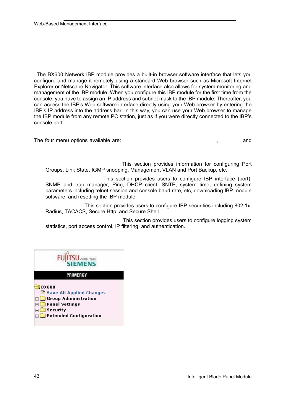 Overview, 6 web-based management interface | FUJITSU PRIMERGY BX600 User Manual | Page 44 / 288
