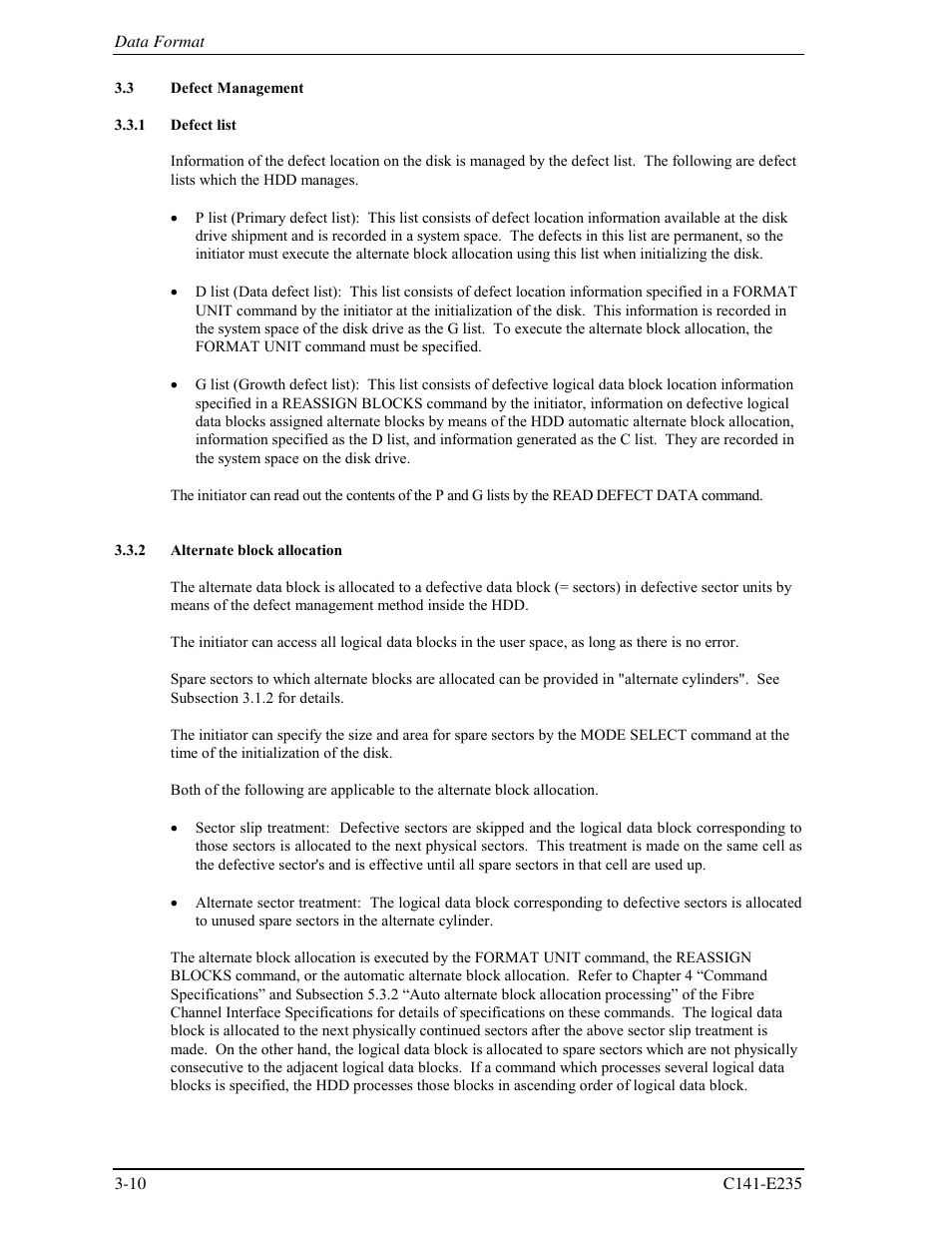 3 defect management, 1 defect list, 2 alternate block allocation | FUJITSU HARD DISK DRIVES MAW3147FC User Manual | Page 48 / 112