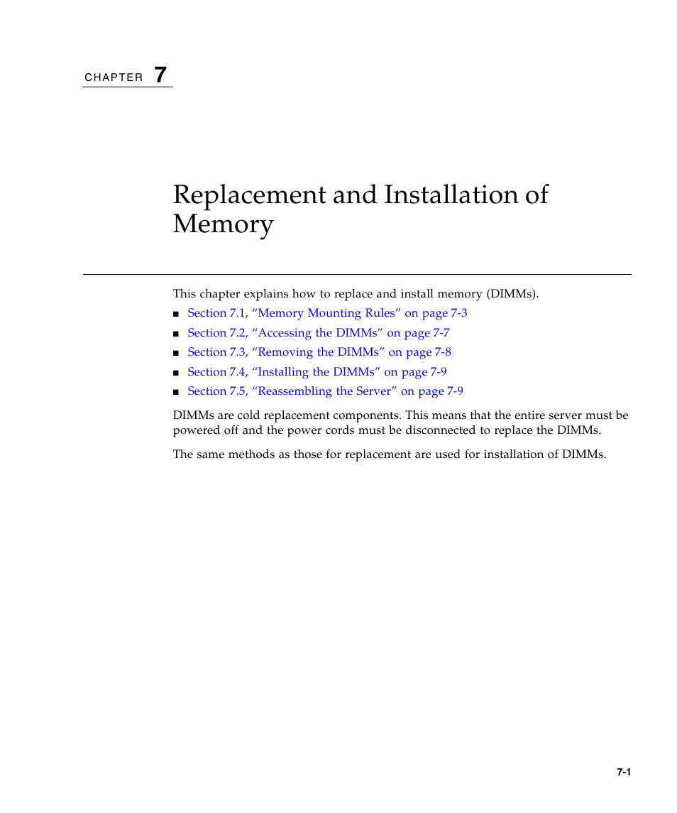 Replacement and installation of memory, Chapter 7 | FUJITSU SPARC Enterprise Server M3000 User Manual | Page 105 / 202