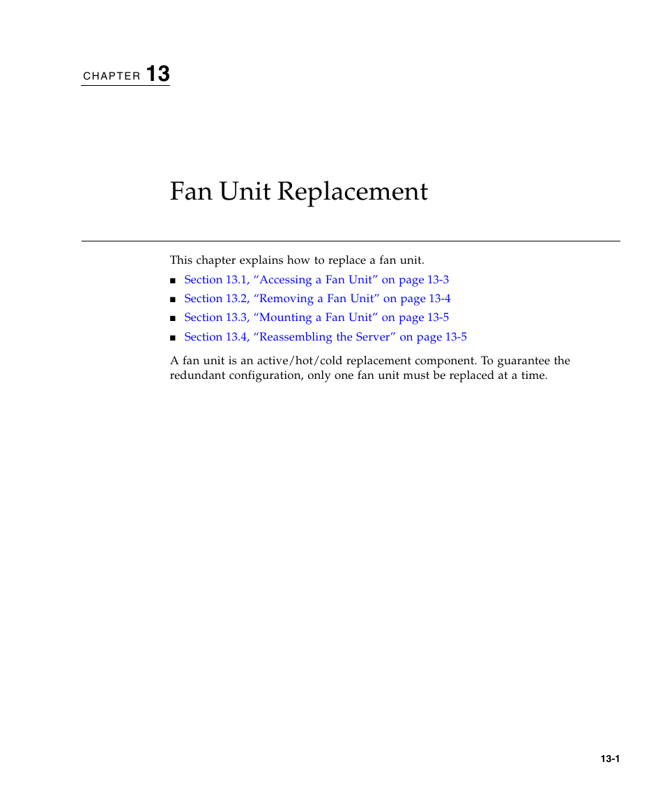 Fan unit replacement, Chapter 13 | FUJITSU SPARC Enterprise Server M3000 User Manual | Page 147 / 202