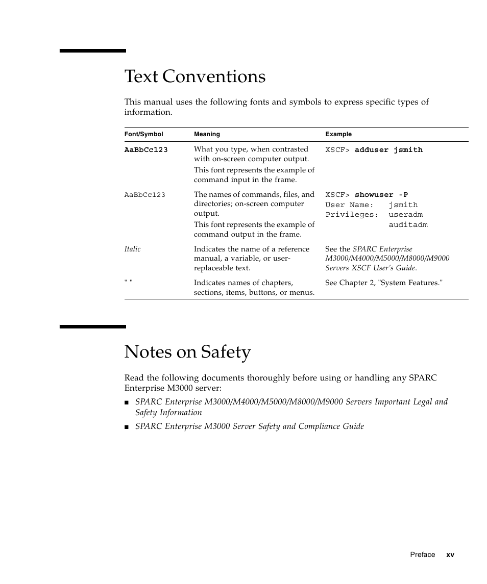 Text conventions | FUJITSU SPARC Enterprise Server M3000 User Manual | Page 15 / 202