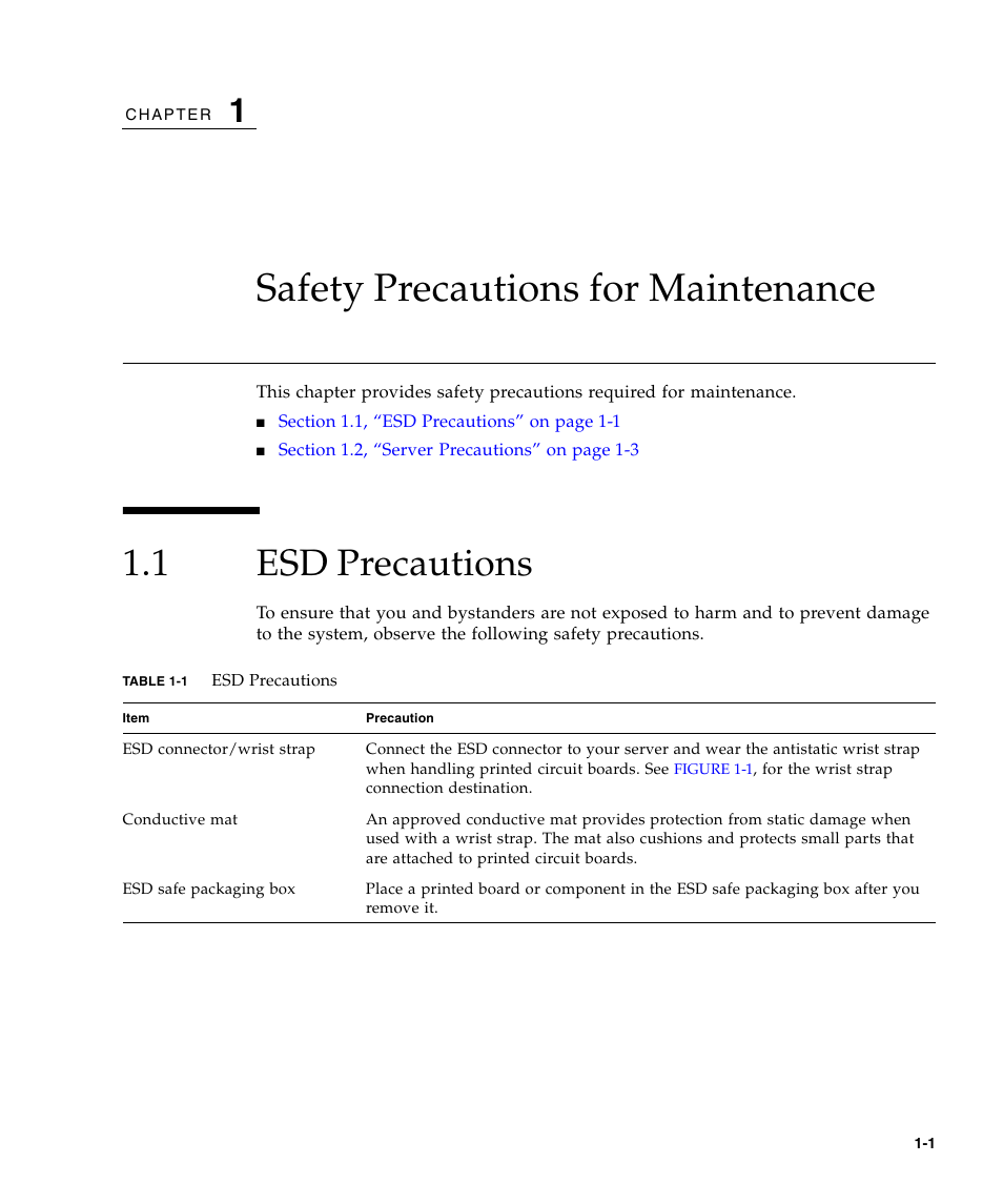 Safety precautions for maintenance, 1 esd precautions, Esd precautions | FUJITSU SPARC Enterprise Server M3000 User Manual | Page 17 / 202