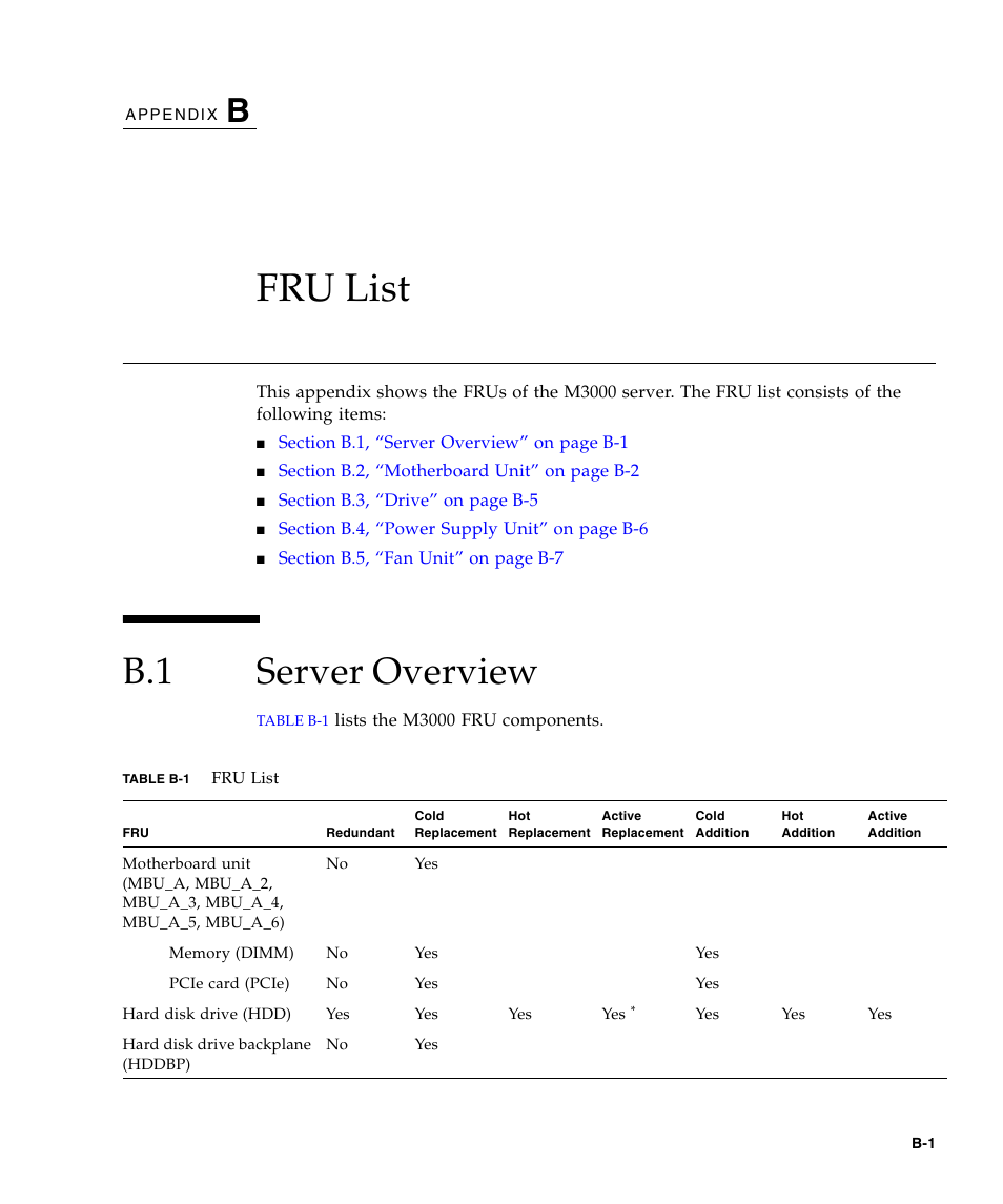 Fru list, B.1 server overview, B. fru list | Server overview | FUJITSU SPARC Enterprise Server M3000 User Manual | Page 171 / 202