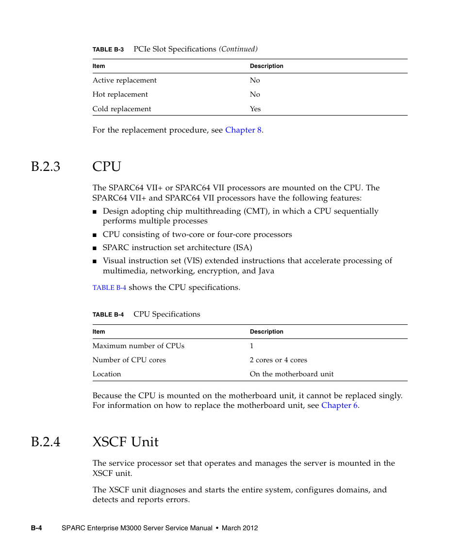 B.2.3 cpu, B.2.4 xscf unit, B.2.3 | B.2.4, Xscf unit | FUJITSU SPARC Enterprise Server M3000 User Manual | Page 174 / 202