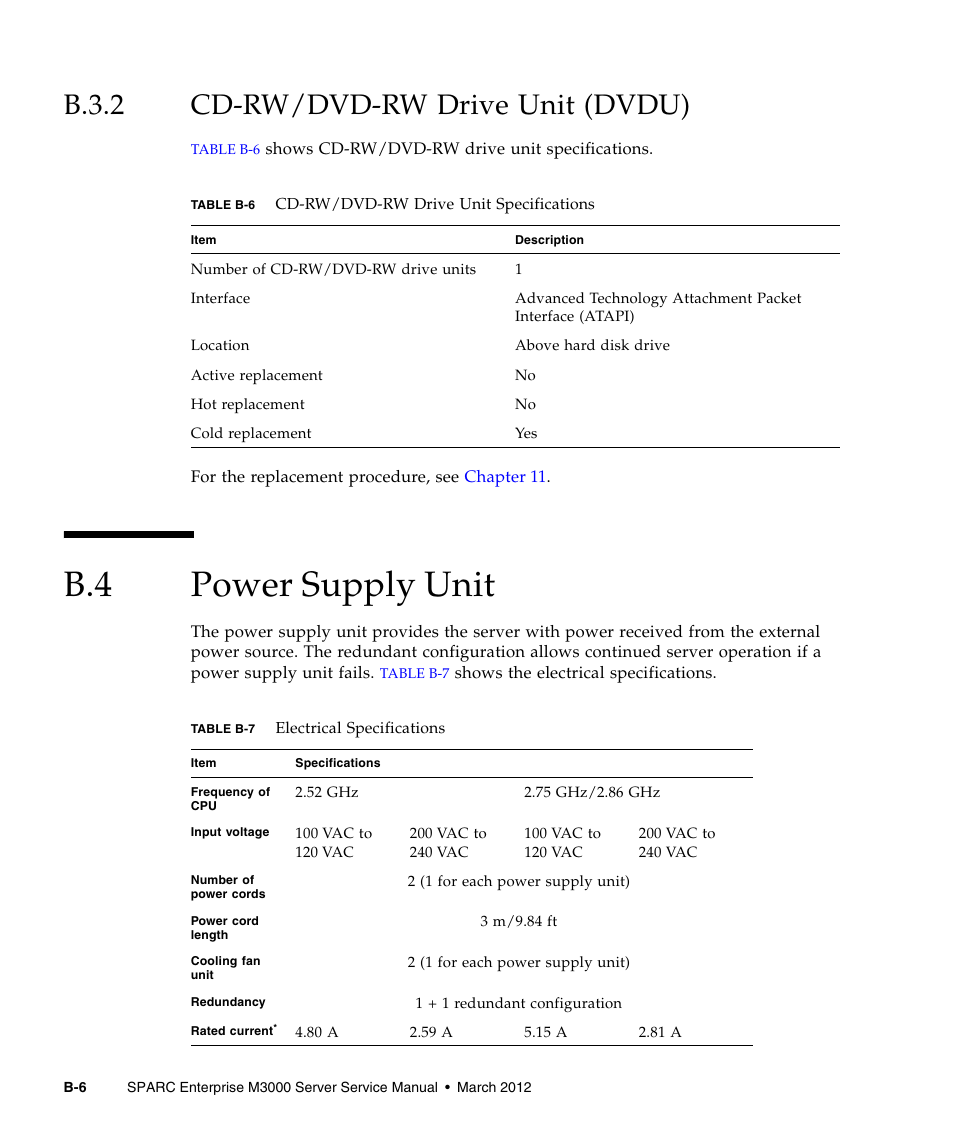 B.3.2 cd-rw/dvd-rw drive unit (dvdu), B.4 power supply unit, B.3.2 | Cd-rw/dvd-rw drive unit (dvdu), Power supply unit | FUJITSU SPARC Enterprise Server M3000 User Manual | Page 176 / 202