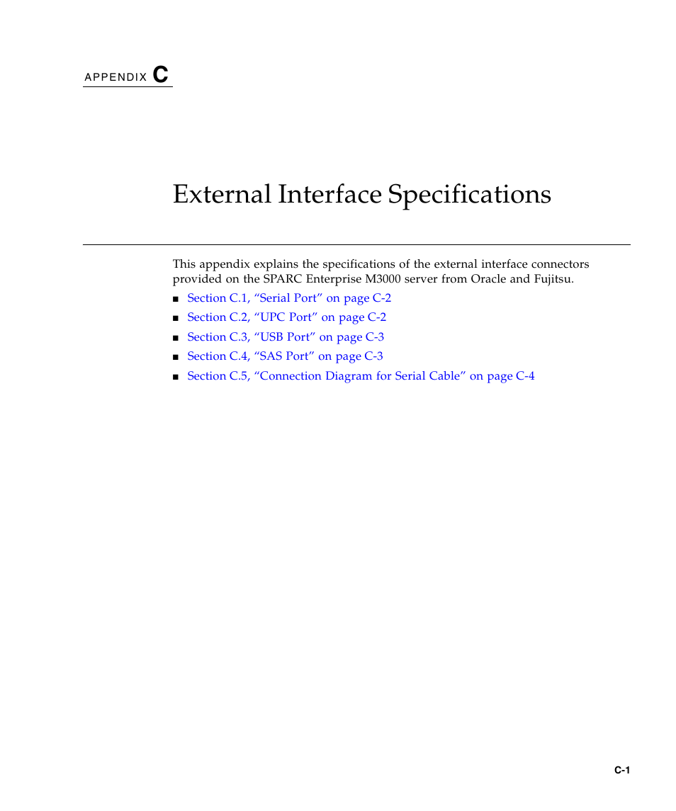 External interface specifications, C. external interface specifications | FUJITSU SPARC Enterprise Server M3000 User Manual | Page 179 / 202