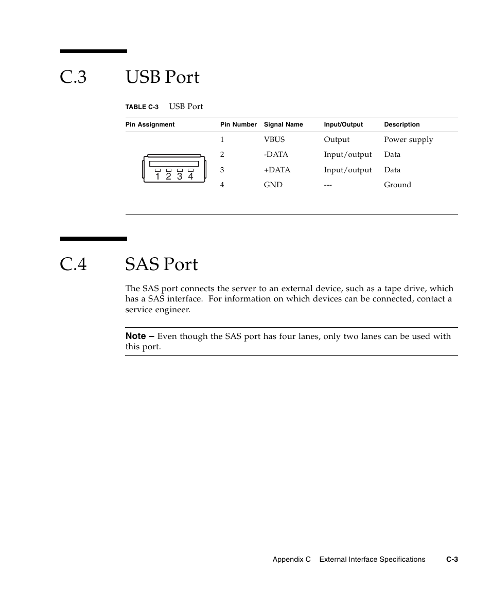 C.3 usb port, C.4 sas port, Usb port | Sas port, C.3 usb port c.4 sas port | FUJITSU SPARC Enterprise Server M3000 User Manual | Page 181 / 202