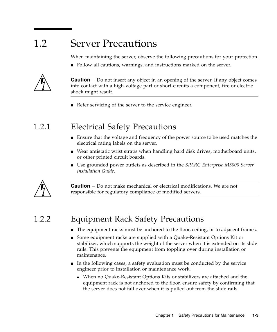 2 server precautions, 1 electrical safety precautions, 2 equipment rack safety precautions | Server precautions, Electrical safety precautions, Equipment rack safety precautions | FUJITSU SPARC Enterprise Server M3000 User Manual | Page 19 / 202