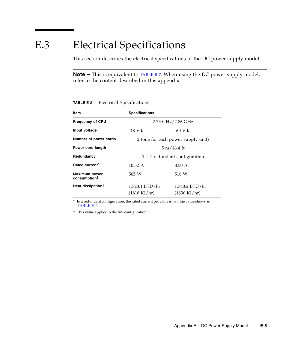 E.3 electrical specifications, Electrical specifications | FUJITSU SPARC Enterprise Server M3000 User Manual | Page 193 / 202