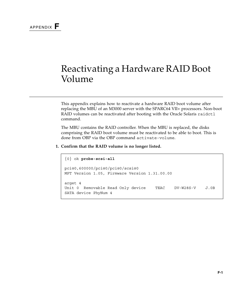 Reactivating a hardware raid boot volume, F. reactivating a hardware raid boot volume | FUJITSU SPARC Enterprise Server M3000 User Manual | Page 195 / 202