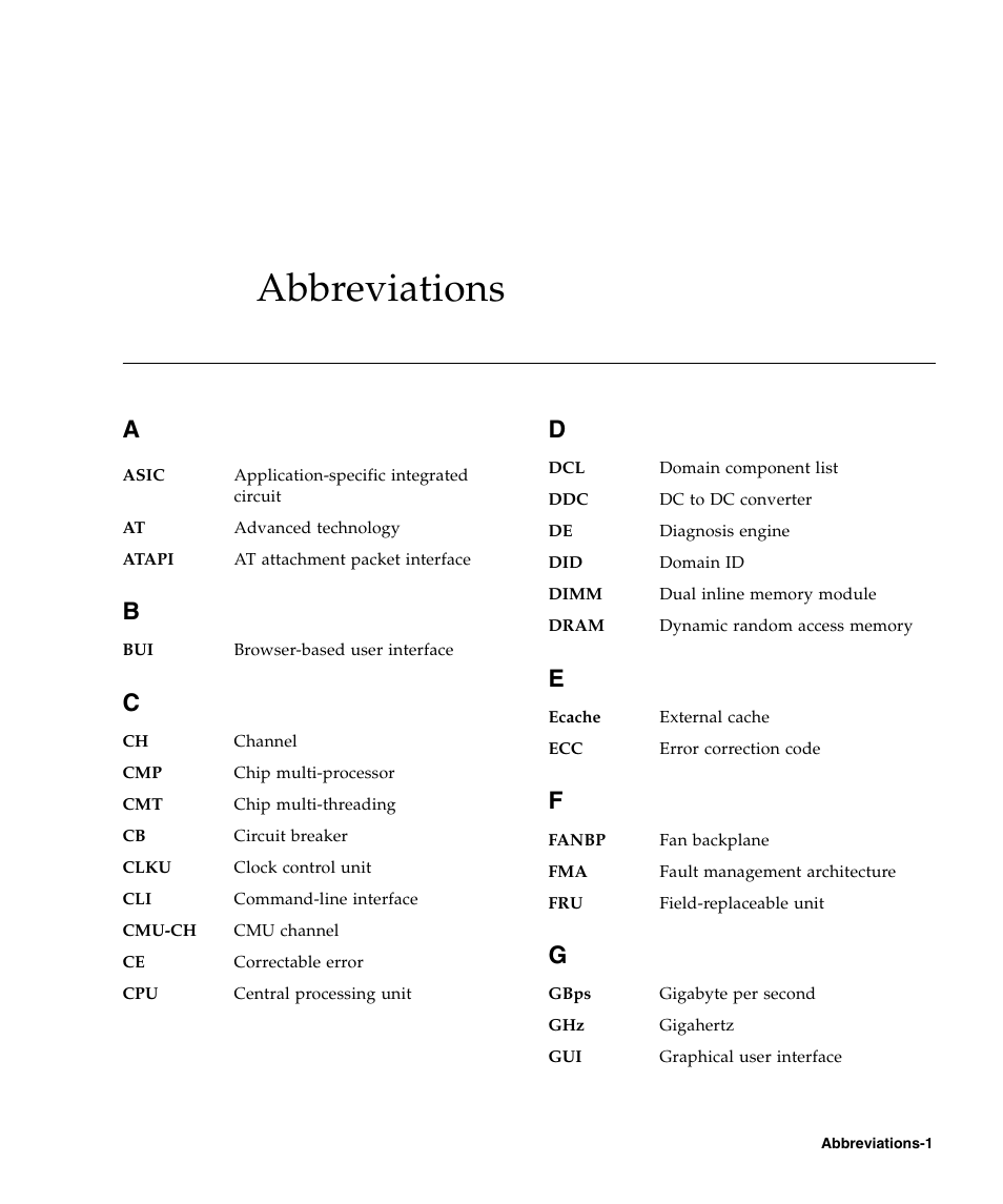 Abbreviations, Abbreviations–1 | FUJITSU SPARC Enterprise Server M3000 User Manual | Page 199 / 202