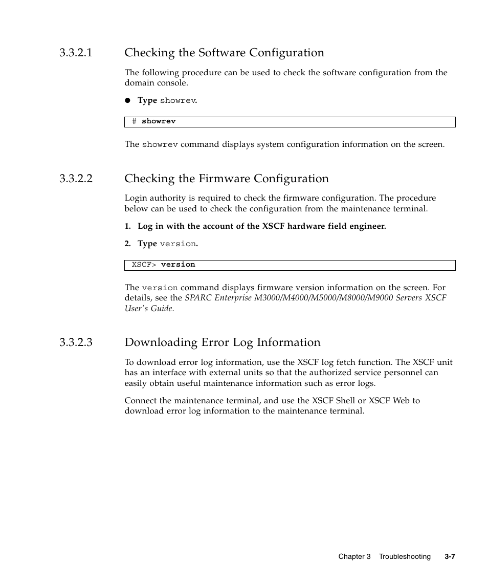 1 checking the software configuration, 2 checking the firmware configuration, 3 downloading error log information | Checking the software configuration, Checking the firmware configuration, Downloading error log information | FUJITSU SPARC Enterprise Server M3000 User Manual | Page 45 / 202