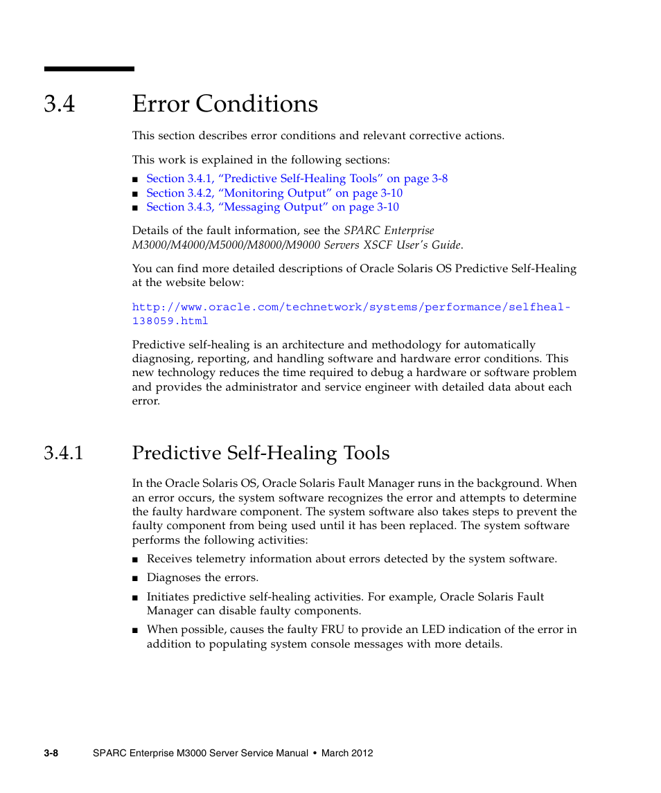 4 error conditions, 1 predictive self-healing tools, Error conditions | Predictive self-healing tools | FUJITSU SPARC Enterprise Server M3000 User Manual | Page 46 / 202