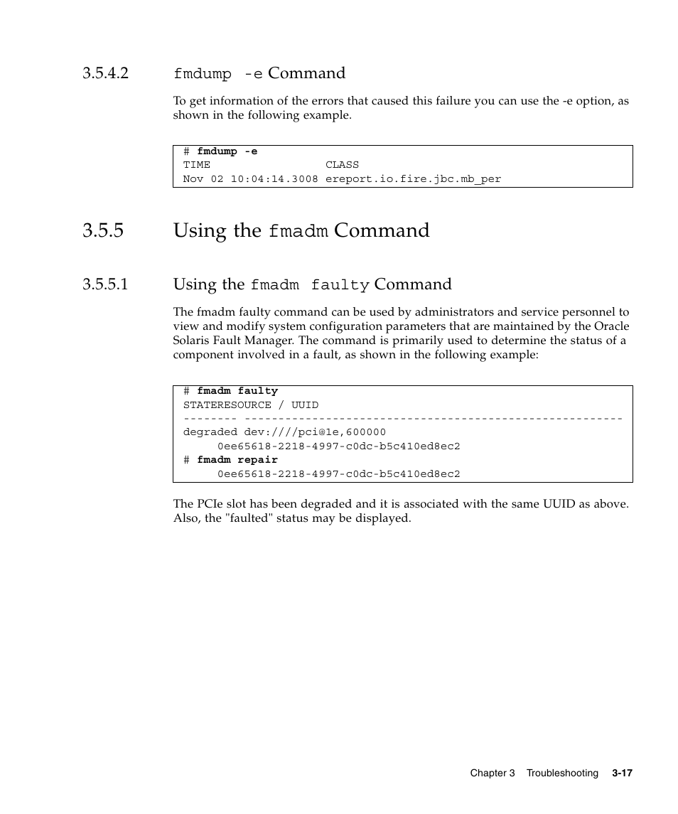 2 fmdump -e command, 5 using the fmadm command, 1 using the fmadm faulty command | Fmdump -e, Command, Using the fmadm command, Using the fmadm faulty command | FUJITSU SPARC Enterprise Server M3000 User Manual | Page 55 / 202