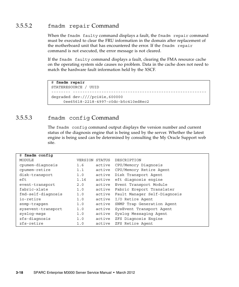 2 fmadm repair command, 3 fmadm config command, Fmadm repair | Command, Fmadm config | FUJITSU SPARC Enterprise Server M3000 User Manual | Page 56 / 202