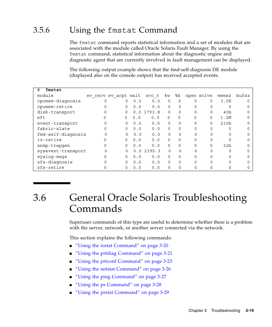 6 using the fmstat command, 6 general oracle solaris troubleshooting commands, Using the fmstat command | General oracle solaris troubleshooting commands | FUJITSU SPARC Enterprise Server M3000 User Manual | Page 57 / 202