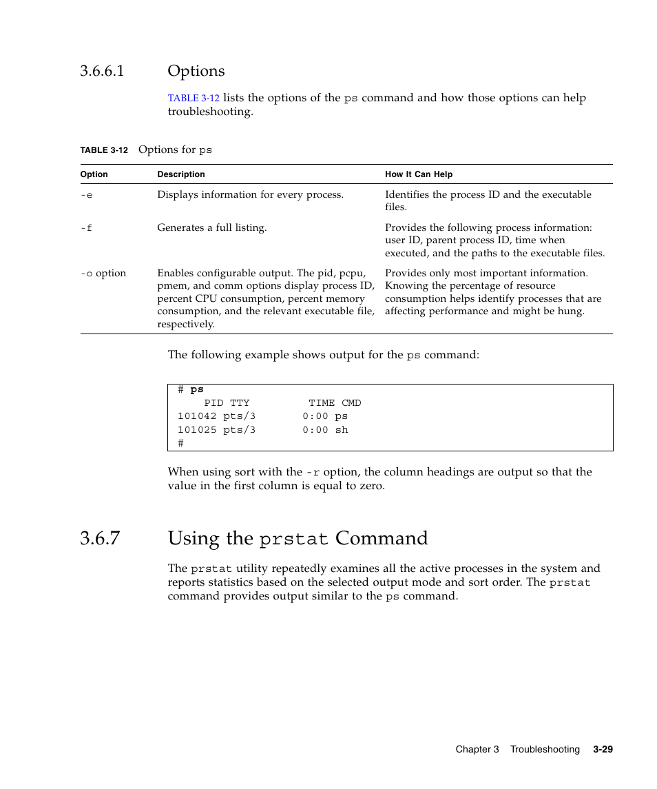 1 options, 7 using the prstat command, Options | Using the prstat command | FUJITSU SPARC Enterprise Server M3000 User Manual | Page 67 / 202