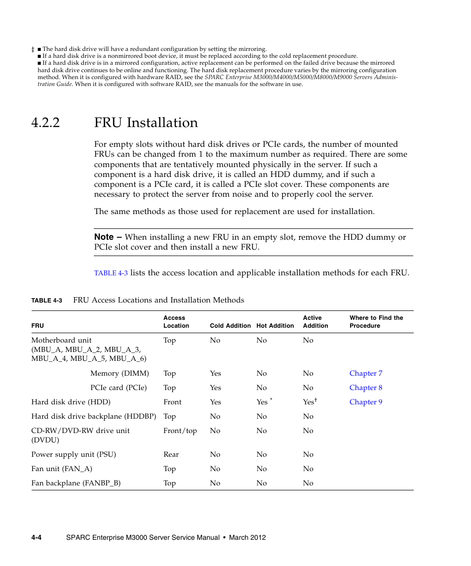 2 fru installation, Fru installation | FUJITSU SPARC Enterprise Server M3000 User Manual | Page 72 / 202